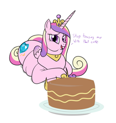 Size: 995x1052 | Tagged: safe, artist:calorie, character:princess cadance, species:alicorn, species:pony, big belly, cake, chubby cheeks, double chin, fat, female, mare, princess decadence, simple background, solo, white background, wide hips