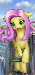Size: 392x834 | Tagged: safe, artist:alloyrabbit, character:fluttershy, species:pony, attack on pony, blushing, car, city, destruction, female, giant pony, giantess, giantshy, macro, open mouth, raised hoof, solo, train