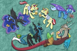 Size: 968x635 | Tagged: safe, artist:spainfischer, character:discord, character:flam, character:flim, character:nightmare moon, character:princess luna, character:queen chrysalis, character:trixie, antagonist, cup, cup art, drink, flim flam brothers, sketch dump