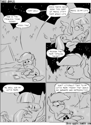 Size: 944x1294 | Tagged: safe, artist:capnpea, character:applejack, character:twilight sparkle, character:twilight sparkle (alicorn), species:alicorn, species:earth pony, species:pony, comic:three apples, comic, duo, duo female, female, mare, monochrome, night, tent