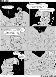 Size: 944x1294 | Tagged: safe, artist:capnpea, character:applejack, character:twilight sparkle, character:twilight sparkle (alicorn), species:alicorn, species:earth pony, species:pony, comic:three apples, awkward moment, comic, dialogue, duo, duo female, female, mare, monochrome, night, on back