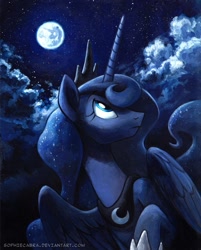 Size: 643x800 | Tagged: safe, artist:kenket, artist:spainfischer, character:princess luna, species:alicorn, species:pony, g4, clothing, cloud, crown, female, hoof shoes, jewelry, looking up, mare, moon, necklace, night, night sky, peytral, profile, raised hoof, regalia, shoes, sky, solo, stars