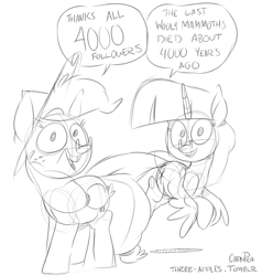 Size: 1000x1050 | Tagged: safe, artist:capnpea, character:applejack, character:twilight sparkle, character:twilight sparkle (alicorn), species:alicorn, species:earth pony, species:pony, comic:three apples, dialogue, duo, duo female, female, mare, monochrome, sketch, smiling, thanks, tumblr