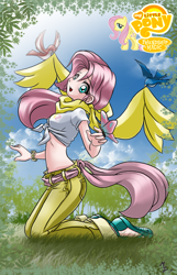 Size: 824x1280 | Tagged: safe, artist:mauroz, character:fluttershy, species:human, belly button, cute, female, front knot midriff, humanized, knot shirt, midriff, my little pony logo, shyabetes, solo, stock vector