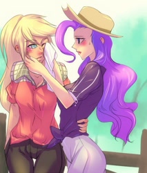 Size: 845x990 | Tagged: safe, artist:bakki, character:applejack, character:rarity, species:human, ship:rarijack, blushing, clothing, dirt, dirty, female, fence, freckles, handkerchief, hat, humanized, lesbian, light skin, one eye closed, shipping, sweat