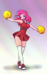 Size: 653x1024 | Tagged: safe, artist:scorpdk, character:pinkie pie, species:human, armpits, breasts, busty pinkie pie, cheerleader, cheerleader pinkie, clothing, converse, cute, diapinkes, dress, female, humanized, light skin, pom pom, shoes, short dress, sneakers, socks, solo, thigh highs, whistle