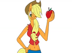 Size: 1280x947 | Tagged: safe, artist:mofetafrombrooklyn, character:applejack, species:anthro, apple, female, food, simple background, skinny, solo, wink