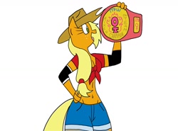 Size: 1280x947 | Tagged: safe, artist:mofetafrombrooklyn, character:applejack, species:anthro, championship belt, female, simple background, solo, wrestling
