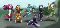 Size: 4250x2000 | Tagged: safe, artist:captainhoers, character:applejack, character:fluttershy, character:pinkie pie, character:rainbow dash, character:rarity, character:twilight sparkle, species:anthro, adventuring party, badass, clothing, dagger, fantasy, fantasy class, flutterbadass, gloves, mane six, one of these things is not like the others, rocket launcher, staff, sword, weapon, wrapping