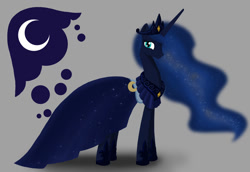 Size: 800x550 | Tagged: safe, artist:flutterluv, character:princess luna, clothing, cutie mark, dress, female, looking at you, pretty, simple background, solo, standing