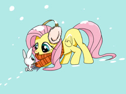 Size: 800x600 | Tagged: safe, artist:joycall6, character:angel bunny, character:fluttershy, clothing, earmuffs, scarf, snow, snowfall