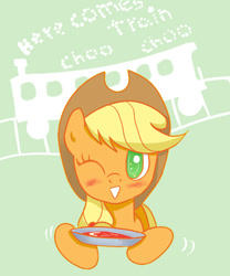 Size: 500x600 | Tagged: safe, artist:joycall6, character:applejack, female, looking at you, one eye closed, solo, soup, train, wink
