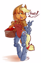 Size: 2818x4385 | Tagged: safe, artist:bluntwhiskey, character:applejack, species:anthro, species:unguligrade anthro, absurd resolution, amputee, apple, appleborg, bipedal, breasts, bunnie rabbot, chest fluff, cleavage, clothing, crossover, cyborg, dialogue, female, hooves, open mouth, prosthetic limb, prosthetics, satam, solo, sonic the hedgehog (series), speech bubble