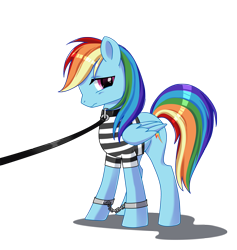 Size: 1704x1800 | Tagged: safe, artist:margony, character:rainbow dash, clothing, collar, cuffs, female, leash, prison outfit, prison stripes, prisoner, prisoner rd, shackles, solo