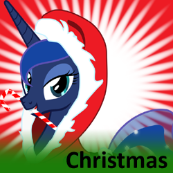 Size: 250x250 | Tagged: safe, artist:up1ter, character:princess luna, derpibooru, candy cane, christmas, clothing, female, meta, mouth hold, santa costume, solo, spoilered image joke