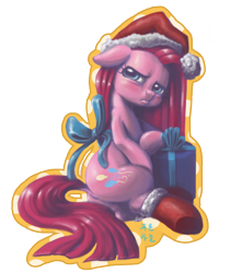 Size: 1500x1700 | Tagged: safe, artist:mrs1989, character:pinkamena diane pie, character:pinkie pie, clothing, female, hat, present, santa hat, socks, solo