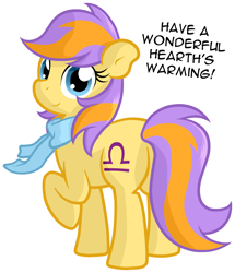 Size: 1202x1396 | Tagged: safe, artist:asklibrapony, artist:furrgroup, 3/4 view, clothing, holiday, libra, looking at you, plot, ponyscopes, scarf, simple background, smiling, solo