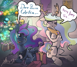 Size: 2252x1945 | Tagged: safe, artist:alumx, character:princess celestia, character:princess luna, species:alicorn, species:deer, species:pony, :t, animal costume, antlers, christmas, christmas tree, clothing, crossed hooves, dear princess celestia, dialogue, female, floppy ears, frown, glare, mare, present, prone, pun, scrunchy face, sitting, starry eyes, tree, unamused, wingding eyes