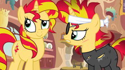 Size: 5760x3246 | Tagged: safe, artist:theshadowstone, character:sunset shimmer, species:pony, species:unicorn, episode:it's about time, g4, my little pony: friendship is magic, alternate universe, catsuit, character swap, duo, eyepatch, female, golden oaks library, mare, multiverse, ponidox, recast, scar, self ponidox