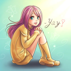 Size: 800x800 | Tagged: safe, artist:ninjaham, character:fluttershy, species:human, clothing, cute, female, humanized, light skin, looking at you, open mouth, shoes, shyabetes, sitting, socks, solo, sweater, sweatershy, yay