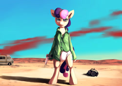 Size: 1400x990 | Tagged: safe, artist:bakki, character:bon bon, character:sweetie drops, species:pony, bipedal, bon bon is not amused, breaking bad, clothing, female, gun, looking at you, panties, parody, pistol, rv, solo, underwear, walter white, white underwear