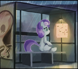 Size: 859x767 | Tagged: safe, artist:gsphere, character:sweetie belle, bus stop, city, female, rain, solo