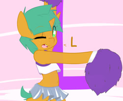 Size: 1100x900 | Tagged: safe, artist:kryptchild, character:snails, ask glitter shell, belly button, cheerleader, clothing, cute, glitter shell, male, midriff, shellbetes, skirt, solo, tumblr