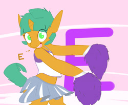 Size: 1100x900 | Tagged: safe, artist:kryptchild, character:snails, ask glitter shell, cheerleader, clothing, cute, glitter shell, male, midriff, shellbetes, skirt, solo, tumblr