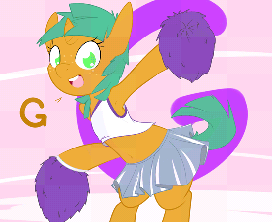Size: 550x450 | Tagged: source needed, safe, artist:kryptchild, character:snails, animated, armpits, cheerleader, cheerleading, clothing, crossdressing, cute, glitter shell, male, midriff, shellbetes, skirt, solo, trap