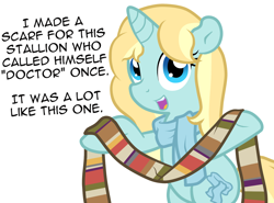 Size: 1280x945 | Tagged: safe, artist:furrgroup, oc, oc only, oc:shiver snow, species:pony, species:unicorn, ask, ask shiver snow, clothing, crossover, dialogue, doctor who, looking at you, open mouth, scarf, solo, tumblr