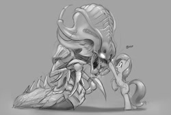 Size: 1100x741 | Tagged: safe, artist:gsphere, character:fluttershy, boop, crossover, fs doesn't know what she's getting into, grayscale, hydralisk, monster, starcraft, this will end in tears, this will end in tears and/or death, video game, zerg