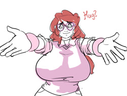 Size: 1200x900 | Tagged: safe, artist:moronsonofboron, character:twist, species:human, big breasts, breasts, busty twist, female, glasses, hug request, huge breasts, humanized, solo, uncolored skin