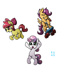 Size: 1872x2208 | Tagged: safe, artist:mrs1989, character:apple bloom, character:scootaloo, character:sweetie belle, species:pegasus, species:pony, bipedal, cutie mark crusaders, scooter