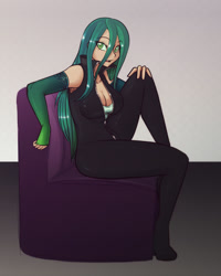 Size: 820x1024 | Tagged: safe, artist:scorpdk, character:queen chrysalis, species:human, arm warmers, bodysuit, breasts, busty queen chrysalis, chair, cleavage, female, hand on knee, humanized, light skin, looking at you, open mouth, sitting, solo, zipper