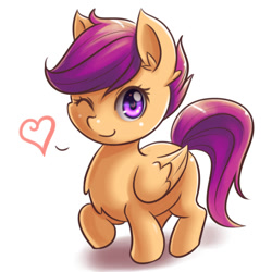 Size: 800x800 | Tagged: safe, artist:ninjaham, character:scootaloo, species:pegasus, species:pony, chest fluff, cute, cutealoo, female, filly, heart, one eye closed, pudgy, solo, wink