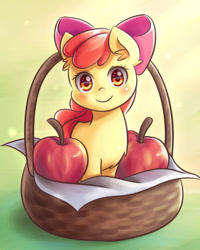 Size: 800x1000 | Tagged: safe, artist:ninjaham, character:apple bloom, species:earth pony, species:pony, :), adorabloom, apple, basket, blushing, bow, cute, female, filly, hair bow, looking at you, smiling, solo