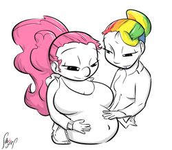 Size: 800x700 | Tagged: safe, artist:sanders, character:pinkie pie, character:rainbow dash, species:human, ship:pinkiedash, female, humanized, lesbian, magical lesbian spawn, offspring, pregnant, shipping, smiling