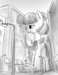 Size: 635x822 | Tagged: safe, artist:alloyrabbit, character:coco pommel, species:earth pony, species:pony, attack on pony, attack on titan, city, giant pony, giant/macro earth pony, giant/mega coco pommel, giantess, lamppost, macro, manehattan, monochrome, sketch, street, taxi