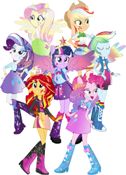 Size: 3000x4172 | Tagged: safe, artist:theshadowstone, character:applejack, character:fluttershy, character:pinkie pie, character:rainbow dash, character:rarity, character:sunset shimmer, character:twilight sparkle, equestria girls:rainbow rocks, g4, my little pony: equestria girls, my little pony:equestria girls, alternative cutie mark placement, clothing, colored wings, facial cutie mark, humane seven, humane six, mane six, multicolored wings, ponied up, rainbow power, rainbow wings, sleeveless, tank top