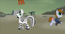 Size: 1279x679 | Tagged: safe, artist:captainhoers, oc, oc only, oc:calamity, oc:littlepip, oc:xenith, species:pegasus, species:pony, species:unicorn, species:zebra, fallout equestria, clothing, fanfic, fanfic art, female, grimdark source, horn, male, mare, parody, pipbuck, stallion, vault suit, wasteland, youtube