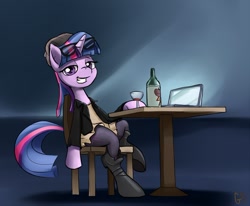 Size: 1040x859 | Tagged: safe, artist:gsphere, character:twilight sparkle, alcohol, chair, clothing, computer, female, glasses, hipster, jacket, laptop computer, looking at you, sitting, solo, table, wine