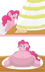 Size: 2500x4000 | Tagged: safe, artist:graphenescloset, character:pinkie pie, belly, belly button, big belly, cake, fat, frosting, obese, piggy pie, pudgy pie, stuffed