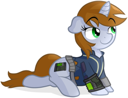 Size: 2826x2170 | Tagged: safe, artist:furrgroup, oc, oc only, oc:littlepip, species:pony, species:unicorn, fallout equestria, clothing, fanfic, fanfic art, female, hooves, horn, mare, pipbuck, simple background, solo, vault suit, white background