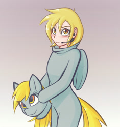 Size: 822x876 | Tagged: safe, artist:scorpdk, character:derpy hooves, species:human, blushing, clothing, costume, female, humanized, kigurumi, looking at you, smiling, solo, underp