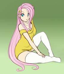 Size: 823x960 | Tagged: safe, artist:scorpdk, character:fluttershy, species:human, :o, bottomless, breasts, busty fluttershy, cleavage, clothing, female, humanized, looking at you, sitting, socks, solo, stockings, sweatershy, thigh highs