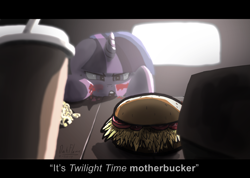 Size: 6540x4652 | Tagged: safe, artist:darkflame75, character:twilight sparkle, species:pony, episode:twilight time, g4, my little pony: friendship is magic, caption, drink, female, food, glare, hay burger, mare, solo, table, that pony sure does love burgers, twilight burgkle