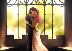 Size: 1400x990 | Tagged: safe, artist:bakki, character:cheese sandwich, character:pinkie pie, species:human, ship:cheesepie, backlighting, beautiful, clothing, dress, female, handsome, humanized, kissing, love, male, shipping, straight, wedding, wedding dress