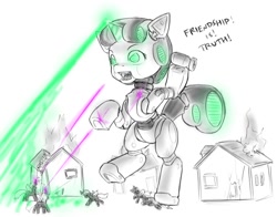 Size: 1133x890 | Tagged: safe, artist:alloyrabbit, character:sweetie belle, species:changeling, species:pony, species:unicorn, sweetie bot, destruction, fallout, fallout 3, female, fight, filly, fire, foal, giant robot, hooves, horn, laser, liberty prime, nuclear football, nuclear weapon, open mouth, robot, text, x eyes