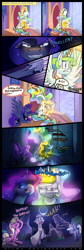Size: 2000x5931 | Tagged: safe, artist:alumx, character:cloudchaser, character:doctor whooves, character:lily, character:lily valley, character:princess celestia, character:princess luna, character:time turner, angry, behaving like a cat, comic, cutie mark, dark, eclipse, fangs, frown, glare, glow, grin, light switch, magic, new lunar republic, nightmare luna, open mouth, panic, reading, scroll, smiling, spread wings, telekinesis, unamused, wings, working