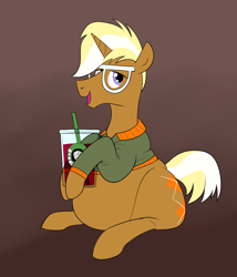 Size: 1582x1846 | Tagged: safe, artist:calorie, character:trenderhoof, bhm, chubby, drink, fat, soda, solo, starbucks